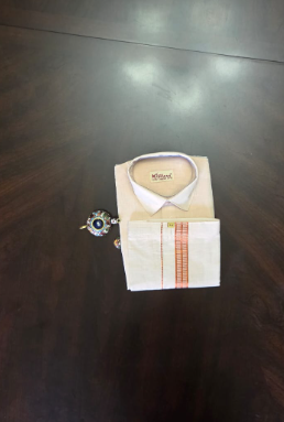 Boys Size 3-5 Tissue Jari Half Sleeve Shirt Dhoti Set Sankalpam Copper