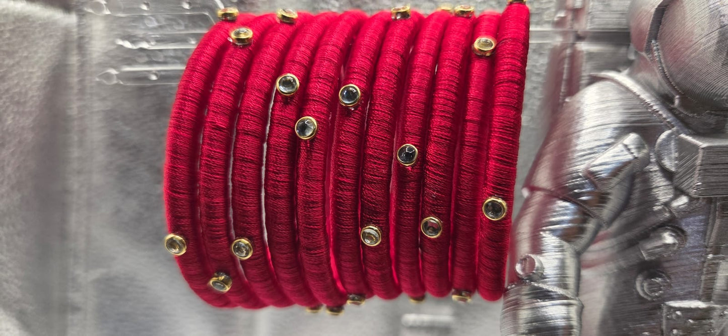 Red Kundan Silk Thread Bangles set of 12