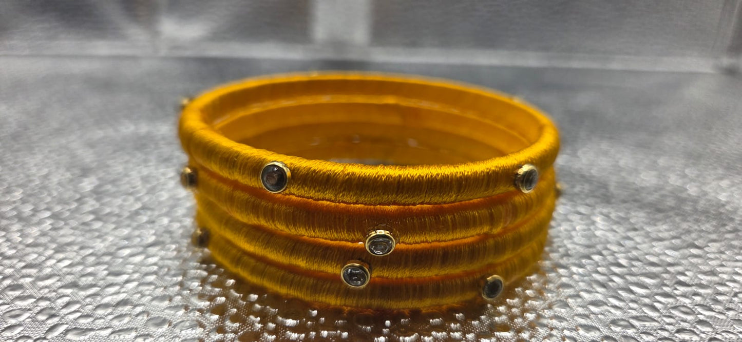 Yellow Kundan Silk Thread Bangles set of 4
