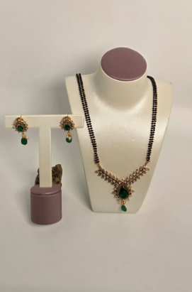 Premium Quality Black Beads(Nalla Poosalu) set with Green Pendant Design 5