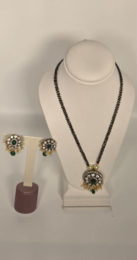 Black Beads(Nalla poosalu) set with beautiful Green pendant Design 3