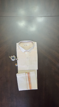 Boys  Size 9-10 Tissue Jari Half Sleeve Shirt Dhoti Set Sankalpam Copper